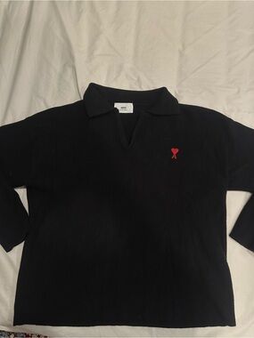 Ami Black Knit Polo with Red Heart A Logo